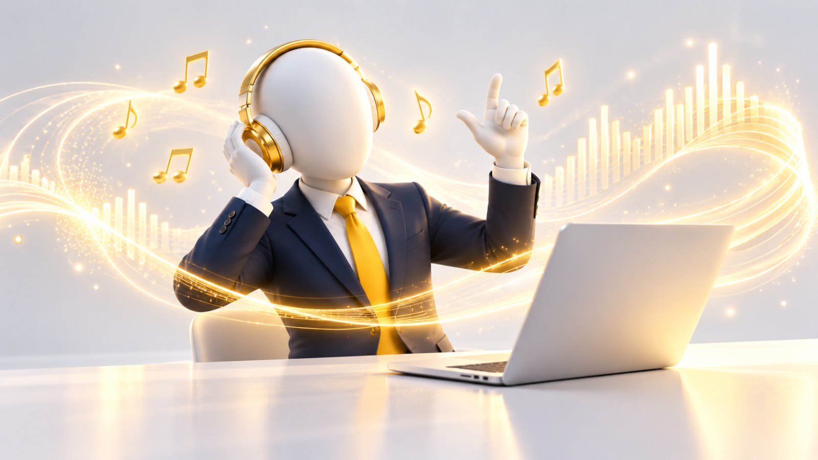 AIで自分のテーマソングを作る｜ヘッドホンをつけて音符に包まれながら曲を作るビジネスパーソン