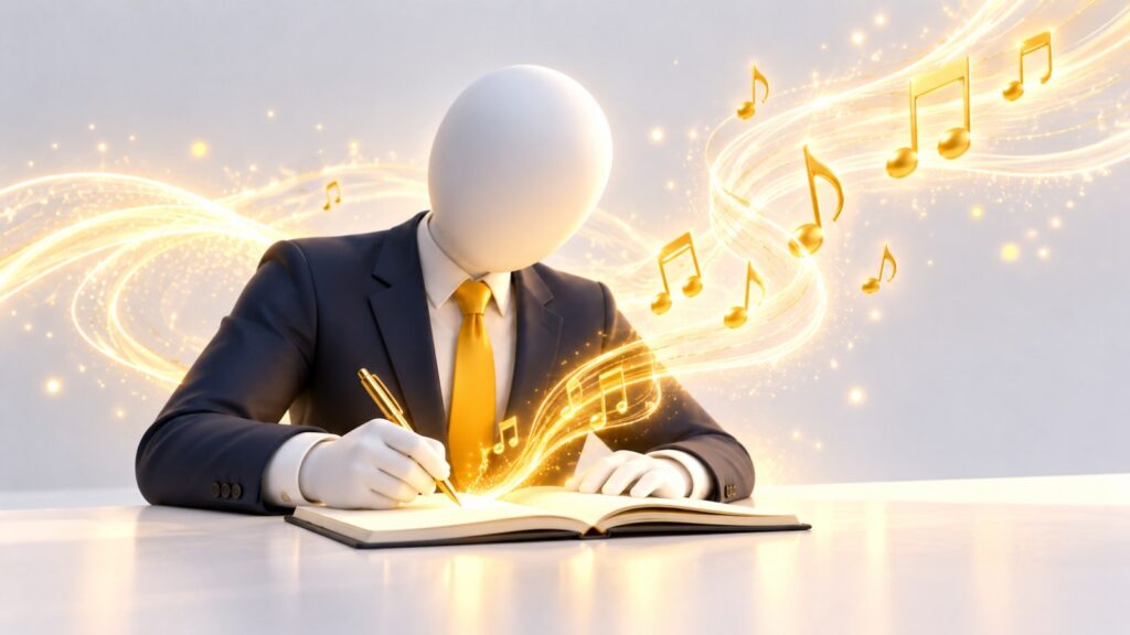ノートに書いた言葉が光る音符になって舞い上がる様子