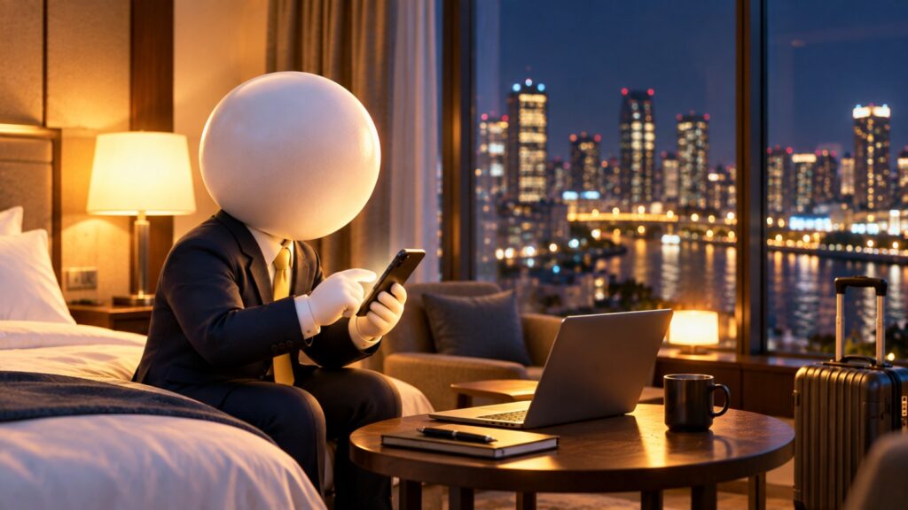 夜のホテルの部屋でスマホからメッセージを送るビジネスパーソン