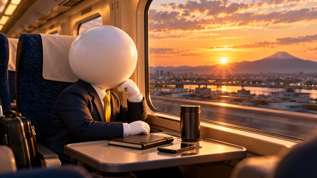 夕暮れの新幹線の窓際でノートを閉じて外を眺めるビジネスパーソン