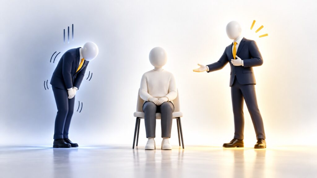 お客様を挟んで、頭を下げ続ける営業マンと胸を張って手を差し出す営業マンの対比