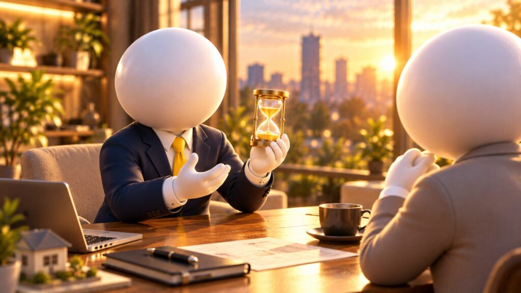 砂時計を手にお客様と向き合うビジネスパーソン