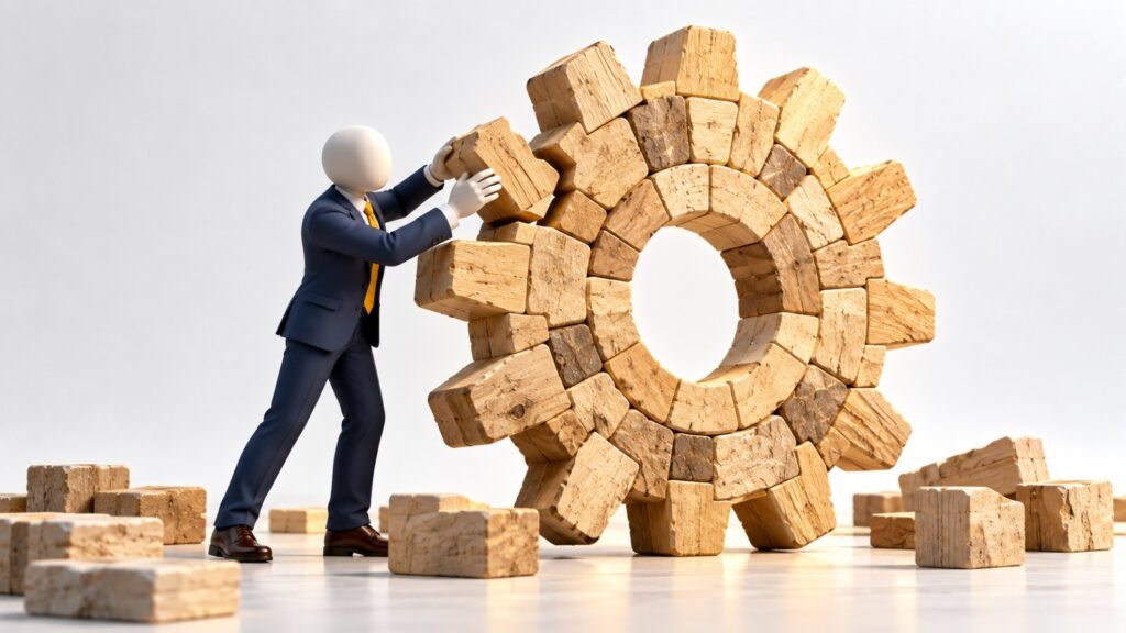 不揃いな手作りのブロックが組み合わさって歯車の形になっていく様子