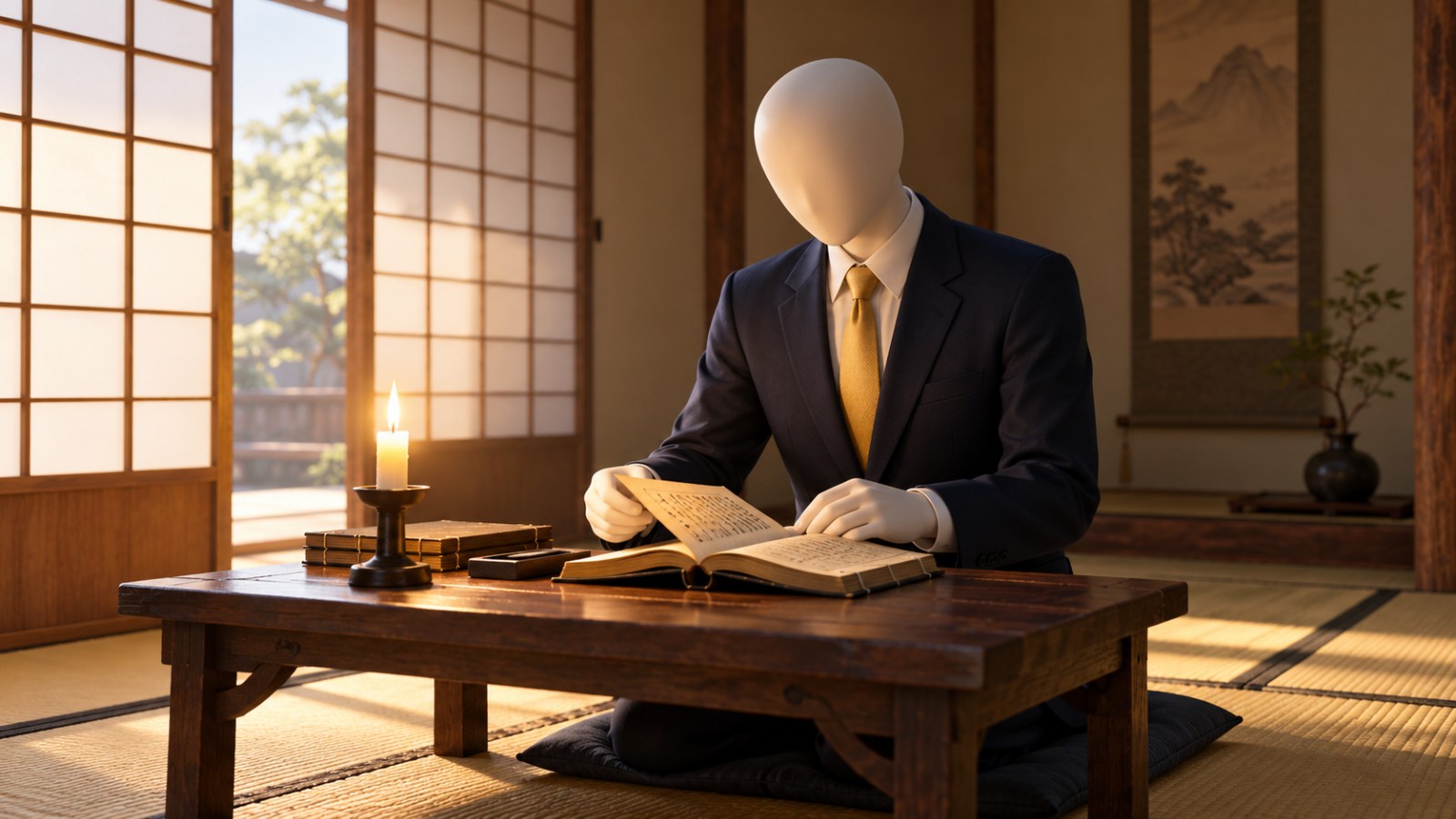 吉田松陰に学ぶ至誠｜和室の文机で古い本を開くビジネスパーソン