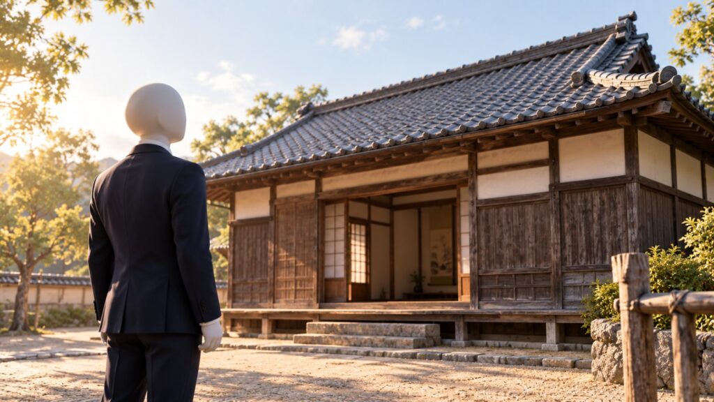 古い木造の小さな塾の建物を見上げるビジネスパーソン