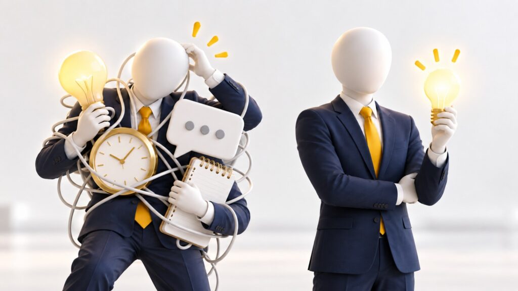 たくさんの道具に絡まる人と、ひとつの道具を落ち着いて使いこなす人の対比