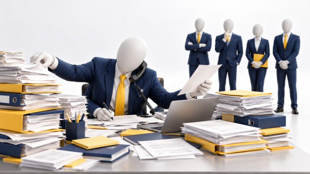 書類や作業に埋もれる社長と、その後ろで指示を待つ社員たち