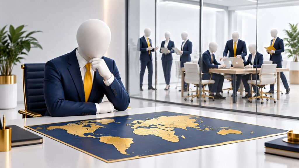 静かな部屋で地図を広げる社長と、窓の外で自走するチーム